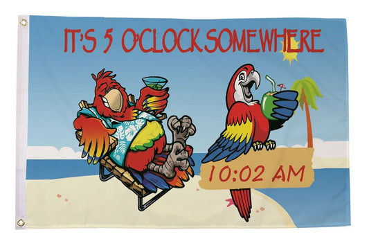 It's 5 o'clock somewhere flag with two parrots 5ft x 3ft