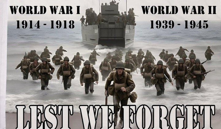 Lest we forget WW1 and WW2 D day flag 5ft x 3ft with eyelets