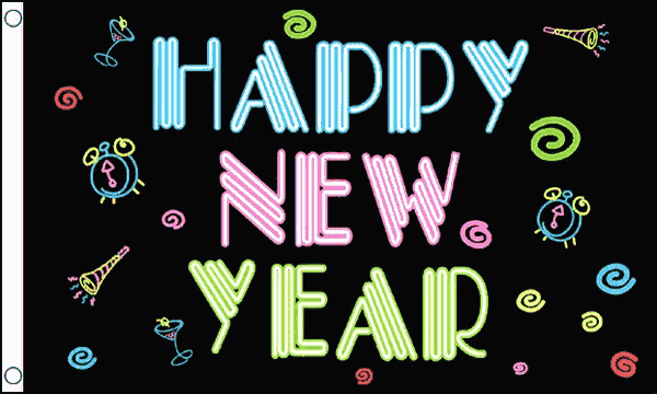 Happy new year neon style polyester flag 5ft x 3ft with eyelets