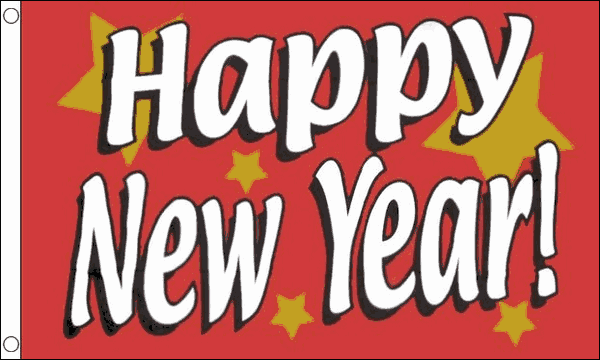Happy new year RED polyester flag 5ft x 3ft with eyelets