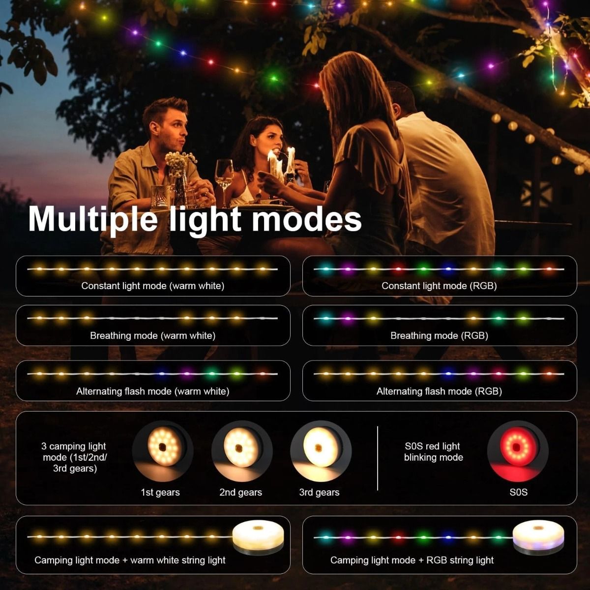 Solar / USB rechargeable 10m string/pole  light in multi colour and warm white multi function