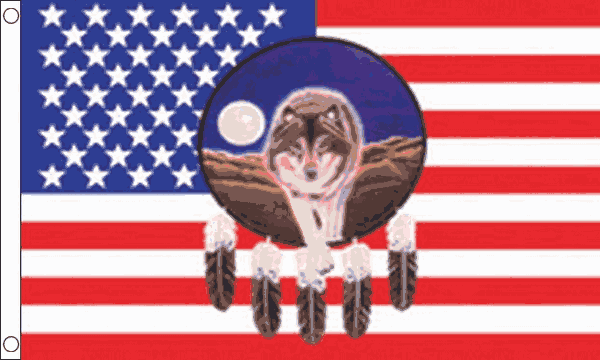 USA feathers and wolf flag 5ft x 3ft with eyelets