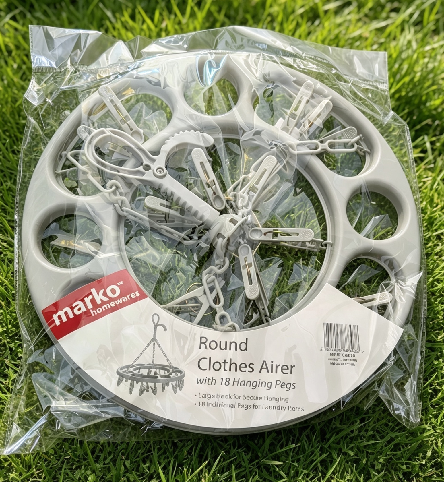 Round clothes airer with 18 hanging pegs