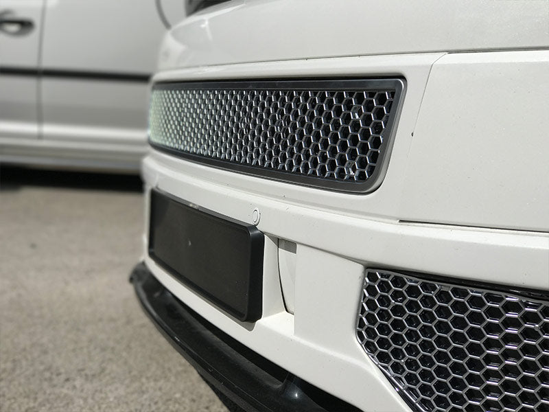 For VW T5.1 Transporter Honeycomb Bumper Grille + Fog Light Trims + Number Plate Trim Matte Chrome Sportline Painted and Ready to Fit