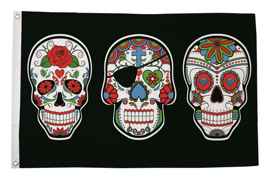 Sugar skulls day of the dead trio flag 5ft x 3ft with eyelets