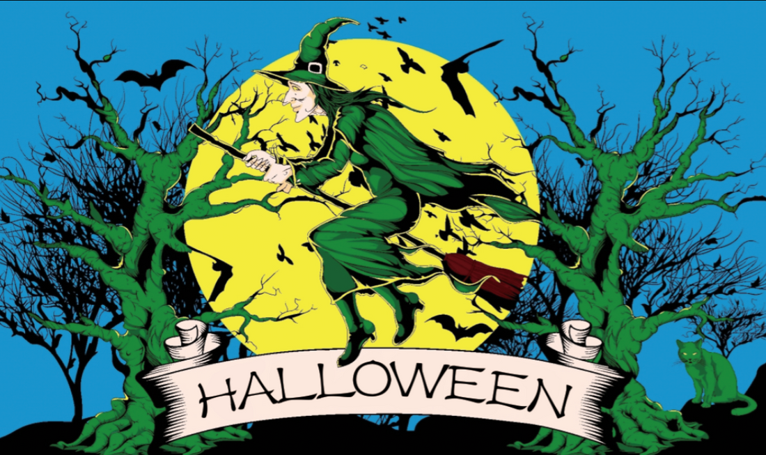 Halloween witch blue flag 5ft x 3ft with eyelets