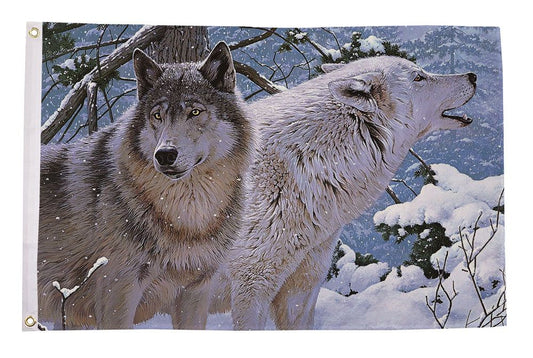 Wolf in snow flag 5ft x 3ft