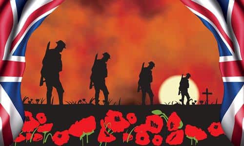 Lest we forget flag 5x3ft FOUR SOLDIERS with eyelets