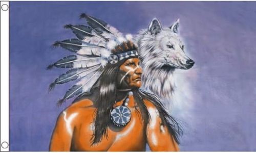 Indianer mit Wolf-Flagge, 152 x 91 cm, mit Ösen