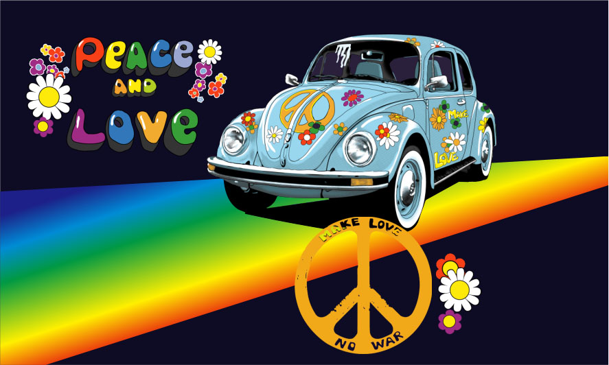 Peace love bug beetle retro flag 5ft x 3ft with eyelets